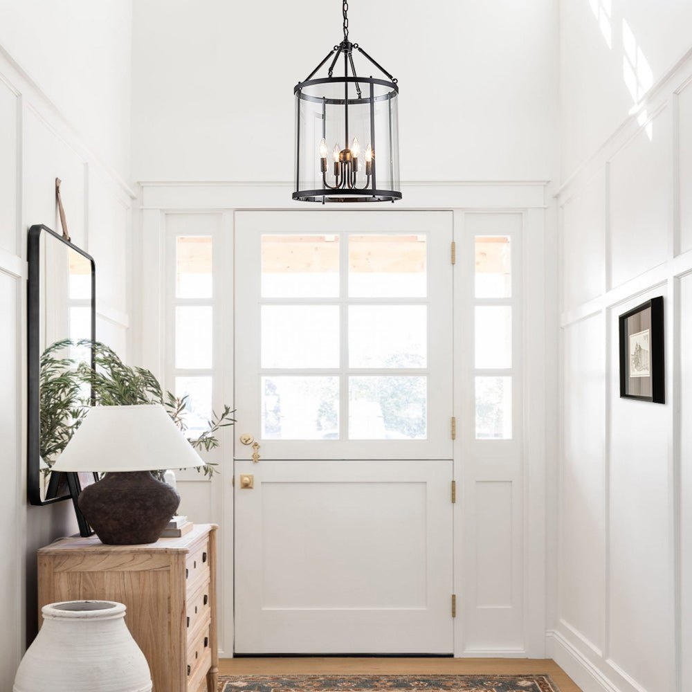 Glass Lantern Pendant Light 18-Inch Cylinder 4-Bulb Fixture Adjustable Chain Dining Table Kitchen Island Foyer Hanging Lamp E14 Socket Dimma
