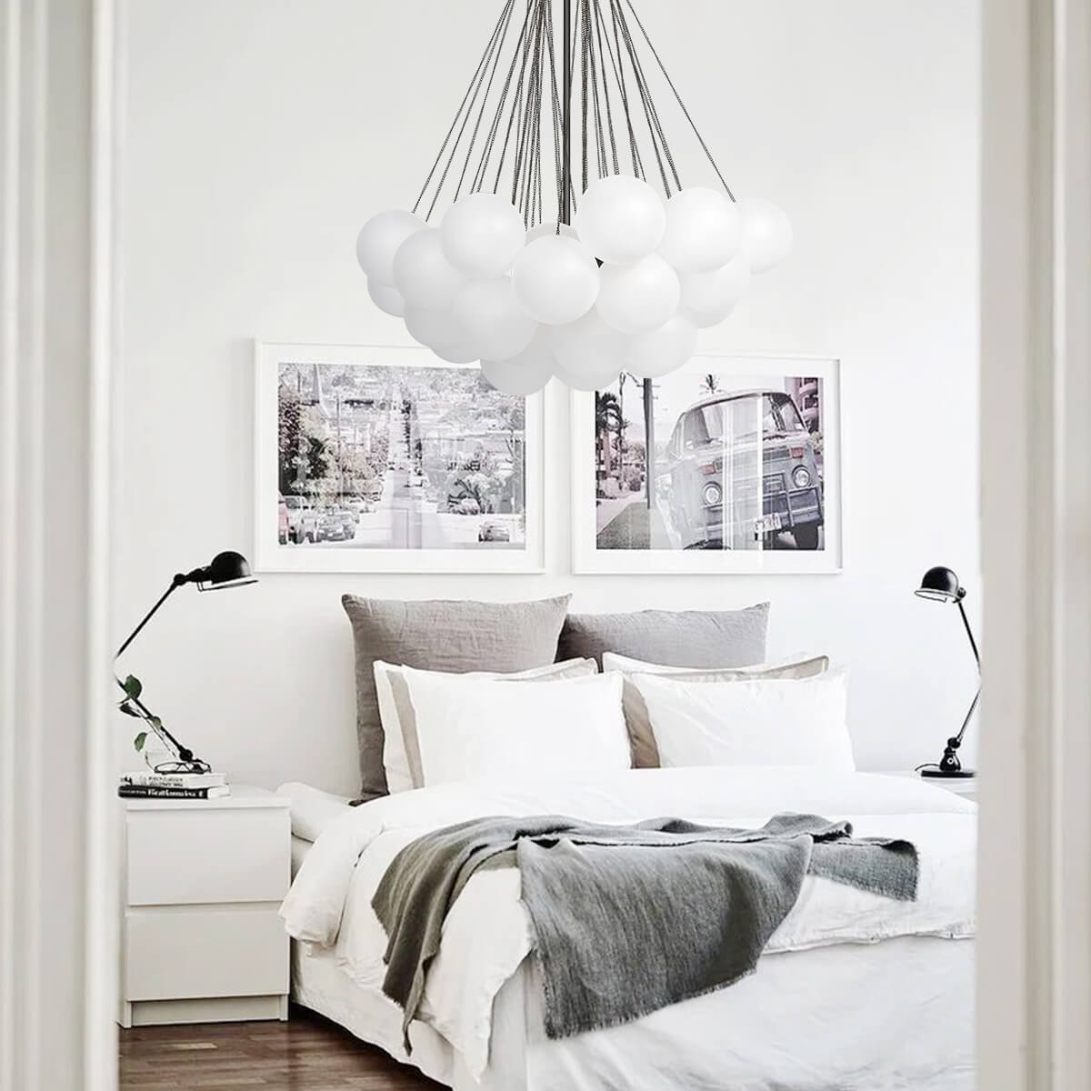 Multi-Sphere Glass Chandelier 31 in Width Adjustable Height for Dining Kitchen Living Room 3-Light Frosted Globe Cluster Overhead Fixture Di