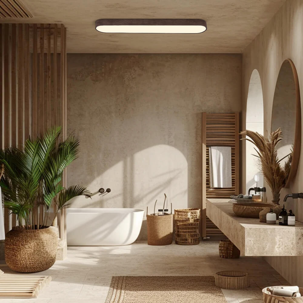 Oval Flush Mount LED Light 35 in Wood-Effect Finish for Bedroom Living Room Low Profile Scandinavian Overhead Fixture Japandi Style