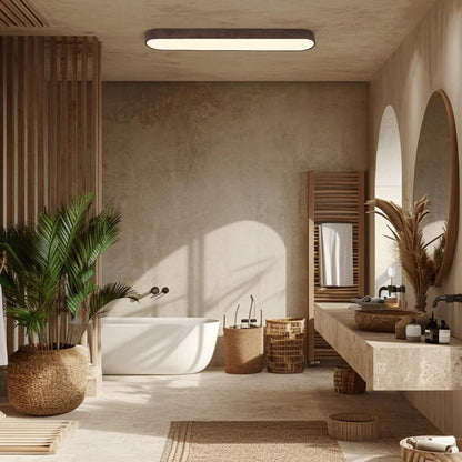 Oval Flush Mount LED Light 35 in Wood-Effect Finish for Bedroom Living Room Low Profile Scandinavian Overhead Fixture Japandi Style