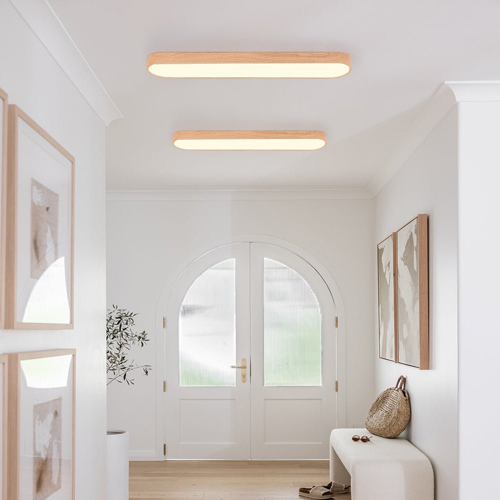 Oval Flush Mount LED Light 35 in Wood-Effect Finish for Bedroom Living Room Low Profile Scandinavian Overhead Fixture Japandi Style