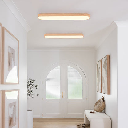 Oval Flush Mount LED Light 35 in Wood-Effect Finish for Bedroom Living Room Low Profile Scandinavian Overhead Fixture Japandi Style