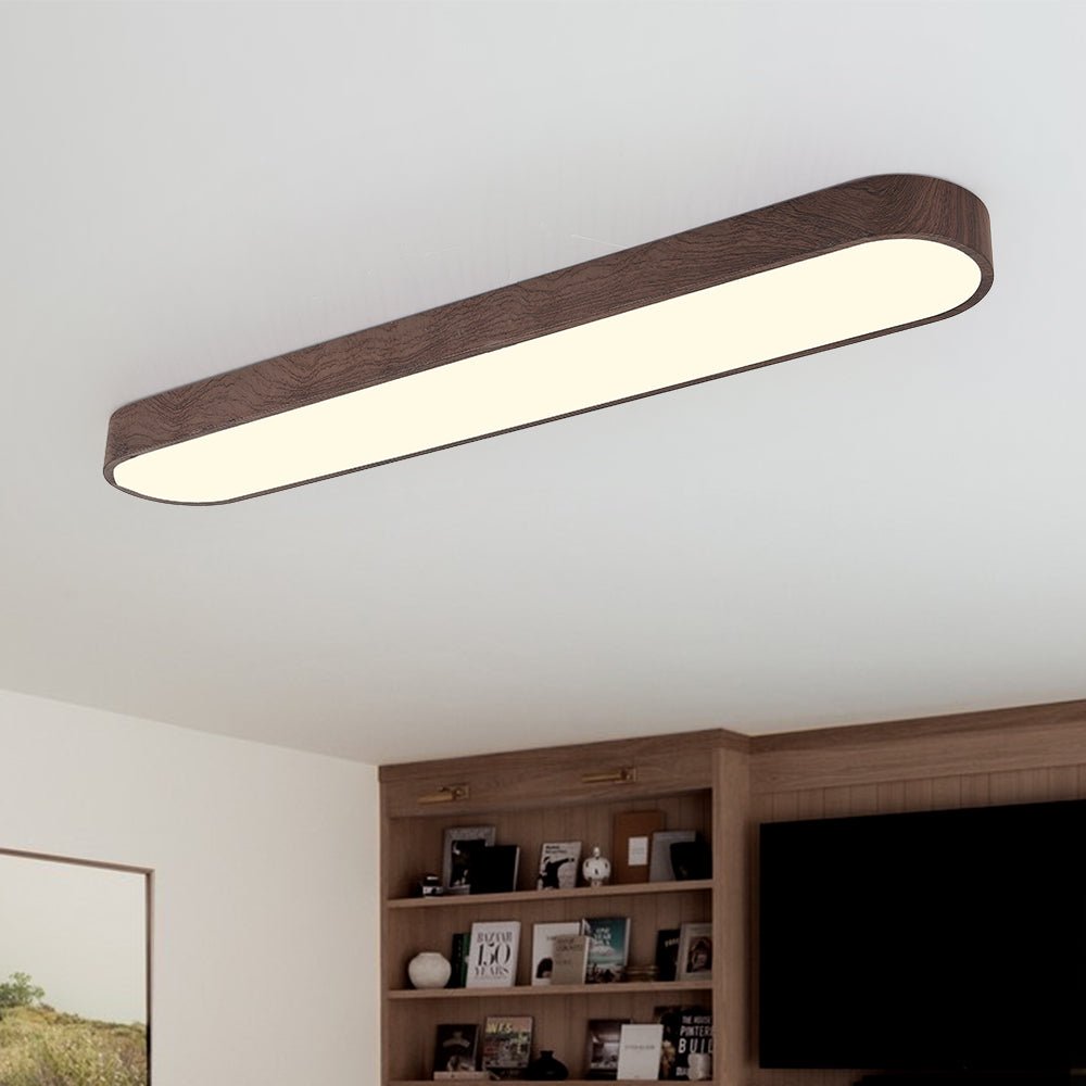 Oval Flush Mount LED Light 35 in Wood-Effect Finish for Bedroom Living Room Low Profile Scandinavian Overhead Fixture Japandi Style