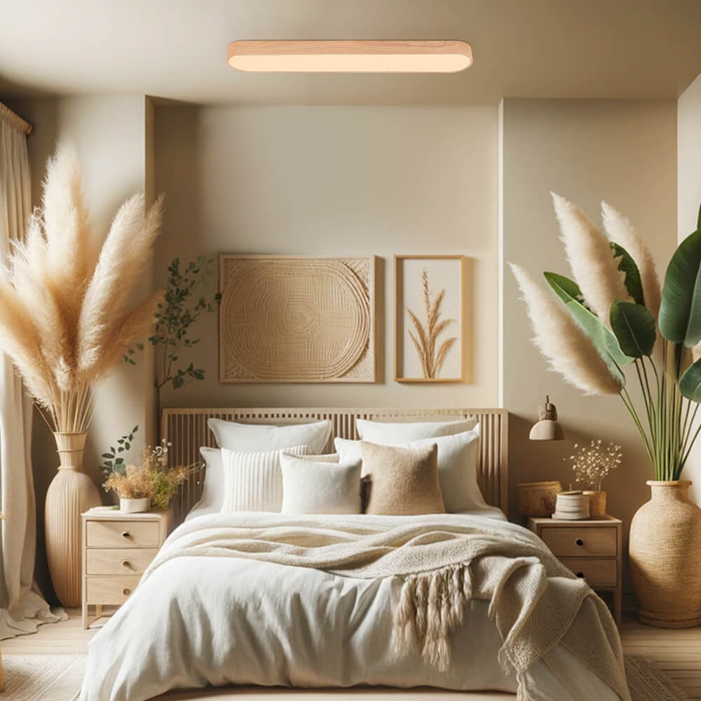 Oval Flush Mount LED Light 35 in Wood-Effect Finish for Bedroom Living Room Low Profile Scandinavian Overhead Fixture Japandi Style
