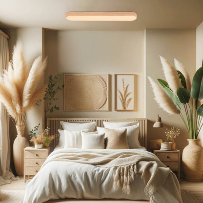 Oval Flush Mount LED Light 35 in Wood-Effect Finish for Bedroom Living Room Low Profile Scandinavian Overhead Fixture Japandi Style
