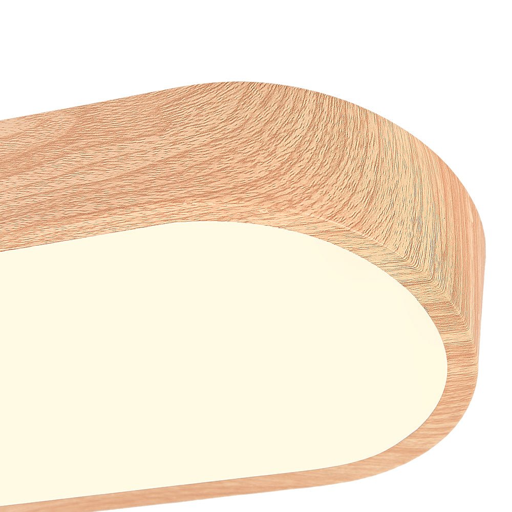 Oval Flush Mount LED Light 35 in Wood-Effect Finish for Bedroom Living Room Low Profile Scandinavian Overhead Fixture Japandi Style