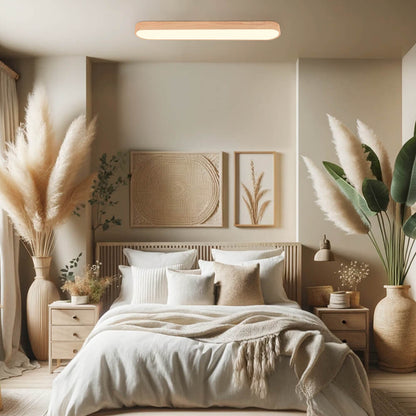 Oval Flush Mount LED Light 35 in Wood-Effect Finish for Bedroom Living Room Low Profile Scandinavian Overhead Fixture Japandi Style