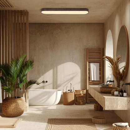 Oval Flush Mount LED Light 35 in Wood-Effect Finish for Bedroom Living Room Low Profile Scandinavian Overhead Fixture Japandi Style
