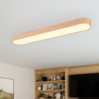 Oval Flush Mount LED Light 35 in Wood-Effect Finish for Bedroom Living Room Low Profile Scandinavian Overhead Fixture Japandi Style
