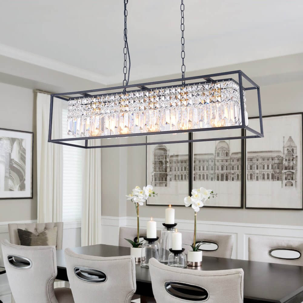 Linear Five-Light Hanging Fixture Black Metal Crystal Glass 35 inch for Kitchen Island Dining Room Table Adjustable Drop Ceiling Lamp Modern