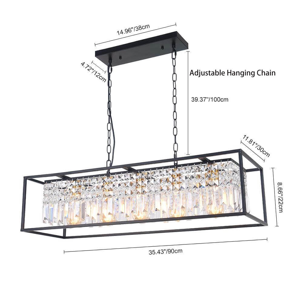 Linear Five-Light Hanging Fixture Black Metal Crystal Glass 35 inch for Kitchen Island Dining Room Table Adjustable Drop Ceiling Lamp Modern