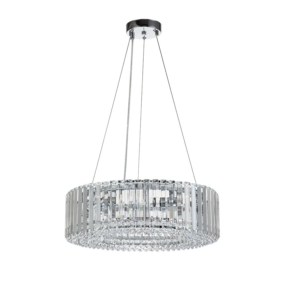 Round Chrome Fixture with Faceted Accents 20-Inch 6-Socket Adjustable Hanging Lamp for Foyer Dining Living Room Kitchen
