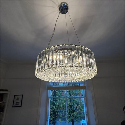 Round Chrome Fixture with Faceted Accents 20-Inch 6-Socket Adjustable Hanging Lamp for Foyer Dining Living Room Kitchen
