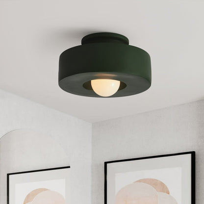 Flush Mount Drum Fixture 12-Inch Resin Shade Adjustable Brightness for Bedroom Den Hallway Low Profile 6-Inch Height Minimalist Japanese Sty