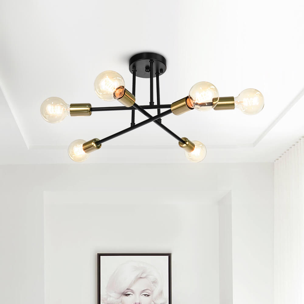 24-Inch Starburst Semi-Flush Ceiling Light with 6 Arms for Low Ceilings | Metallic Finish | Hardwired Dining Room & Kitchen Overhead Fixture