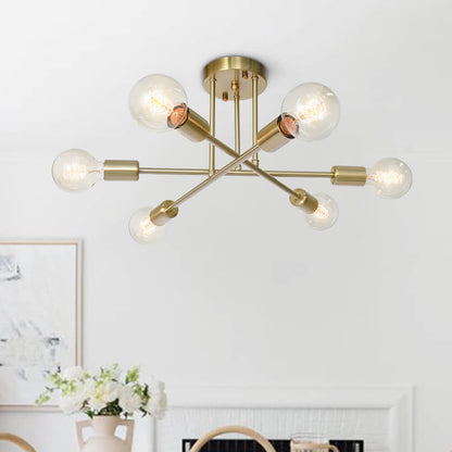24-Inch Starburst Semi-Flush Ceiling Light with 6 Arms for Low Ceilings | Metallic Finish | Hardwired Dining Room & Kitchen Overhead Fixture