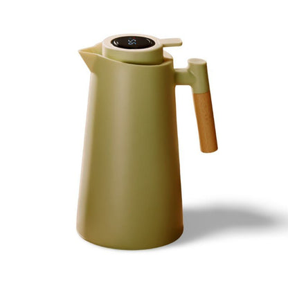 Insulated Glass Carafe 34 oz with Digital Temperature Display Wood Handle for Hot Coffee Tea Water