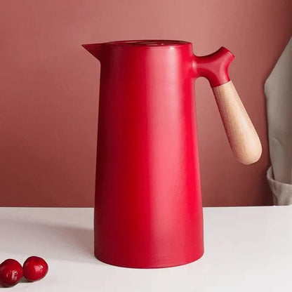 Insulated Glass Carafe with Wood Handle for Coffee Tea Water 34 oz Hot Cold Beverage Pitcher Vacuum Flask