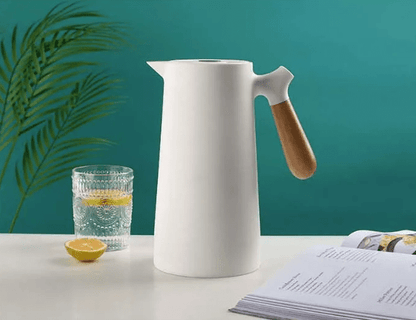 Insulated Glass Carafe with Wood Handle for Coffee Tea Water 34 oz Hot Cold Beverage Pitcher Vacuum Flask
