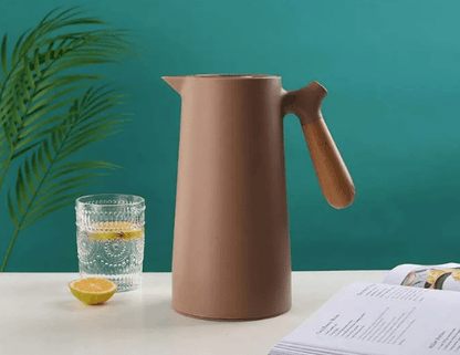 Insulated Glass Carafe with Wood Handle for Coffee Tea Water 34 oz Hot Cold Beverage Pitcher Vacuum Flask