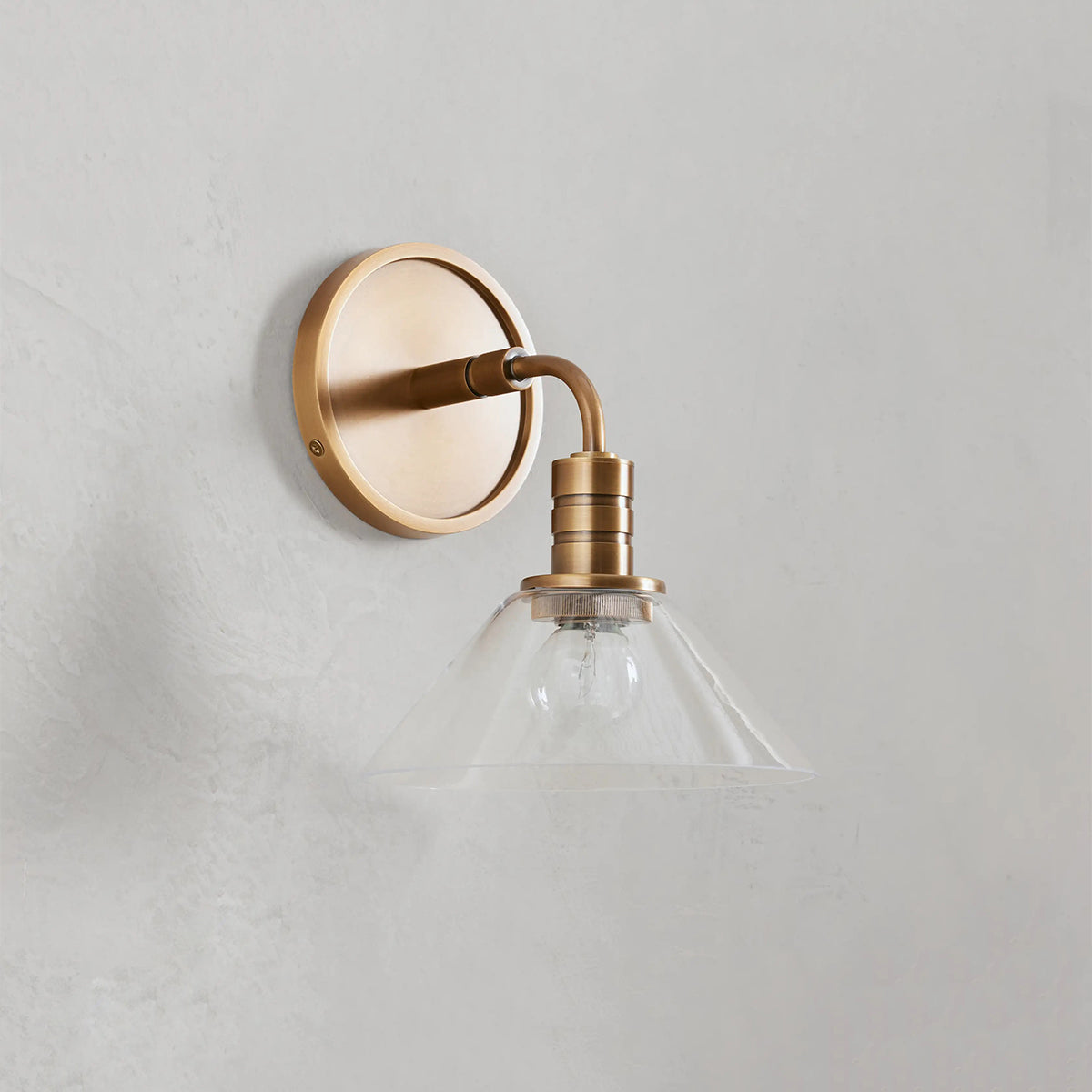 Industrial Wall Sconce with Glass Cone Shade – Brass or Bronze Finish, Hardwired Modern Lighting for Hallway, Bedroom & Living Room