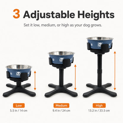 Ortekor French Bulldog Adjustable Elevated Tilted Dog Bowl for Kitchen Feeding Corners - 3-Height Stand with Slow Feeder Insert to Reduce Neck Bending & Mess