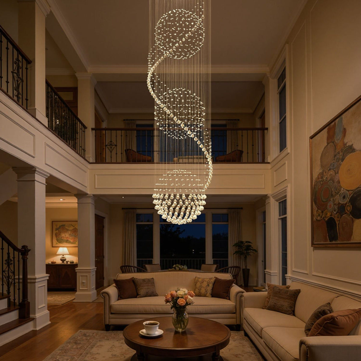 Spiral Crystal Raindrop Chandelier with Three Cascading Tiers for High Ceilings
