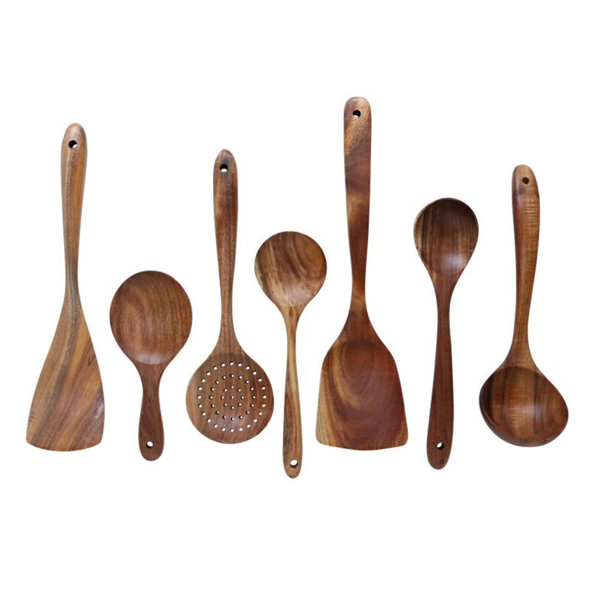 7-Piece Teak Kitchen Tool Set with Ergonomic Grip for Safe Nonstick Pan Use, Soup Stirring, Sauce Prep, Family Meals, Organized Countertop S