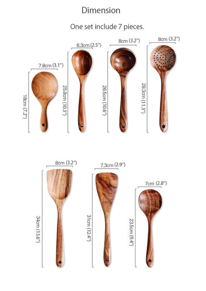 7-Piece Teak Kitchen Tool Set with Ergonomic Grip for Safe Nonstick Pan Use, Soup Stirring, Sauce Prep, Family Meals, Organized Countertop S
