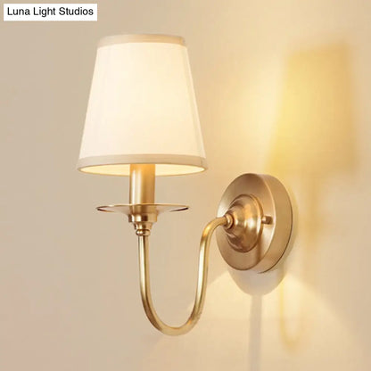 Classic Metal Wall Sconce with Curved Arm & White Fabric Shade – Hardwired Indoor Accent Light for Bedroom, Hallway & Living Room