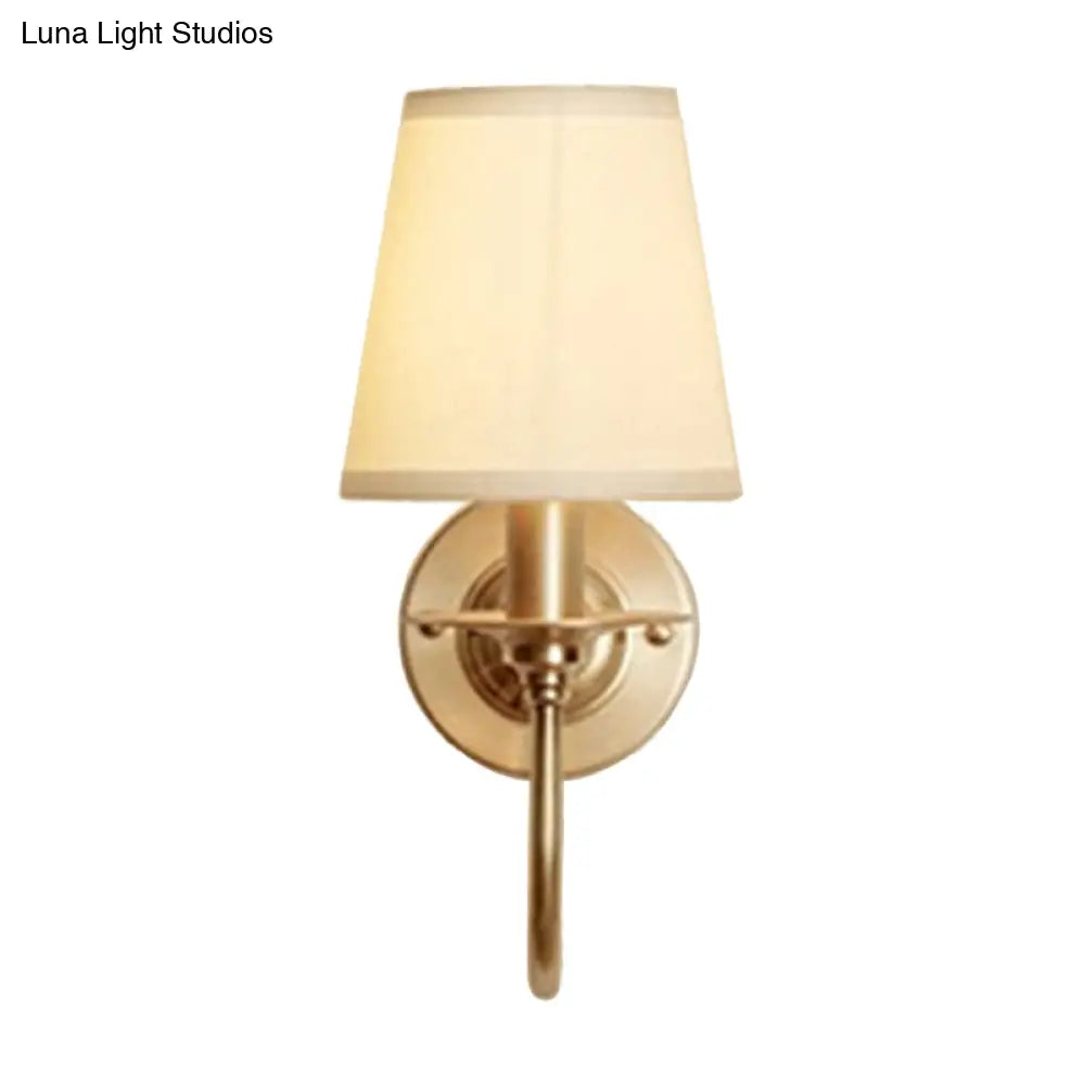 Classic Metal Wall Sconce with Curved Arm & White Fabric Shade – Hardwired Indoor Accent Light for Bedroom, Hallway & Living Room