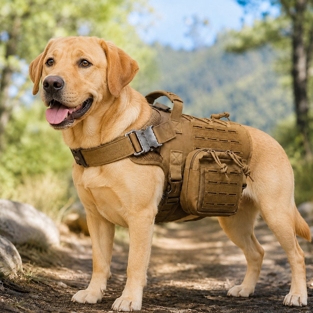 Ortekor TrailGuard K9 Tactical Dog Backpack Harness with Dual Side Pouches for Hiking, Camping & Outdoor Walks