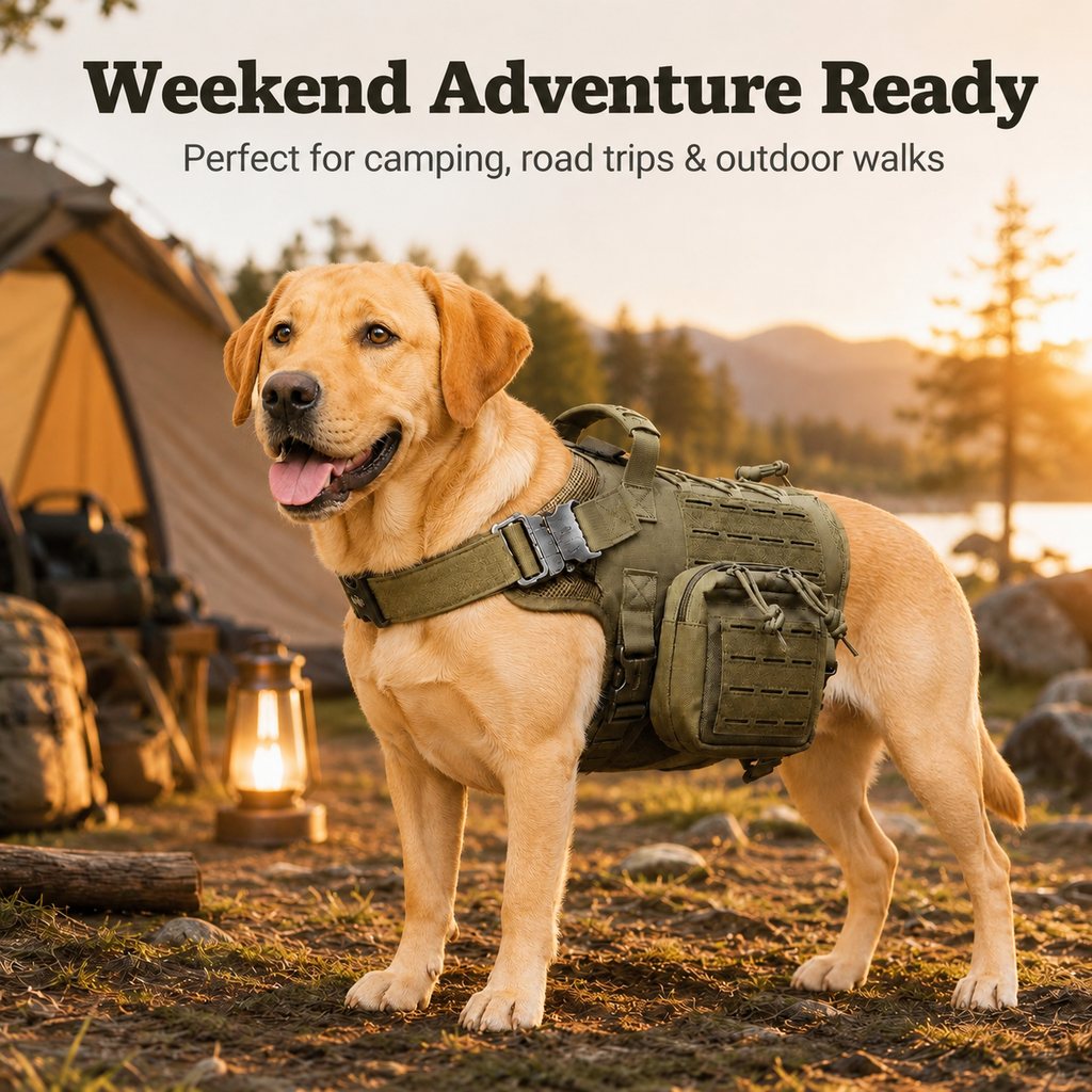 Ortekor TrailGuard K9 Tactical Dog Backpack Harness with Dual Side Pouches for Hiking, Camping & Outdoor Walks