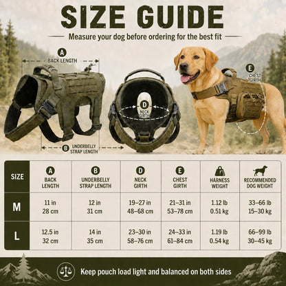 Ortekor TrailGuard K9 Tactical Dog Backpack Harness with Dual Side Pouches for Hiking, Camping & Outdoor Walks