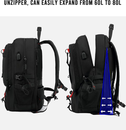 Large Expandable Backpack 60-Liter USB Charging Port Laptop Compartment up to 17 Inch Travel Carry-On Shoe Storage Anti-Theft Pocket for Bus