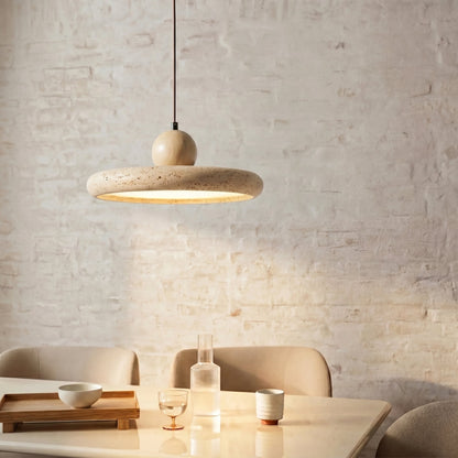 Travertine Stone & Wood Pendant Light – LED Ceiling Lamp for Dining Room, Kitchen Island & Bar – Scandinavian Minimalist Design