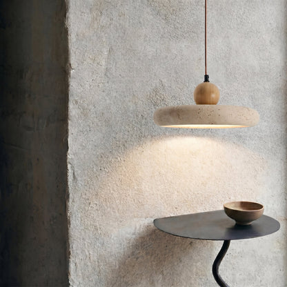 Travertine Stone & Wood Pendant Light – LED Ceiling Lamp for Dining Room, Kitchen Island & Bar – Scandinavian Minimalist Design