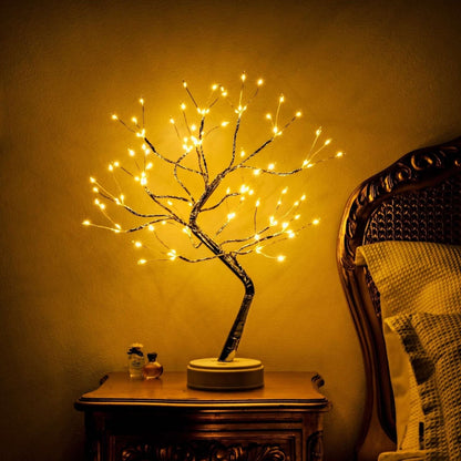 Cordless Tree Silhouette LED Accent Light for Nightstand Battery or USB Powered 19 inch Decorative Copper Lamp for Bedside Reading Home Offi
