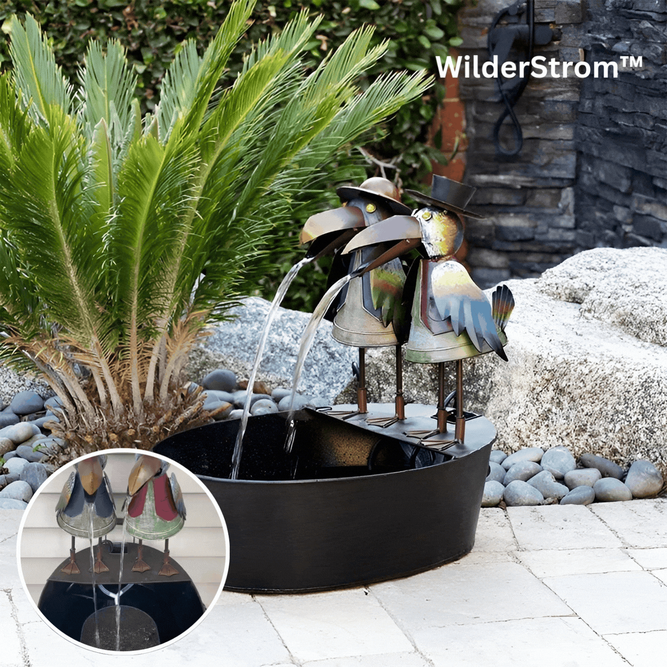 Tabletop Fountain with Bird Figurine – Polyresin Design in Natural Stone Finish for Patio, Deck & Yard