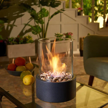 Portable Tabletop Fire Lantern with Glass Cylinder for Indoor Outdoor Ambient Lighting | Gas Fuel Flame Accent Décor for Patio Dining Living