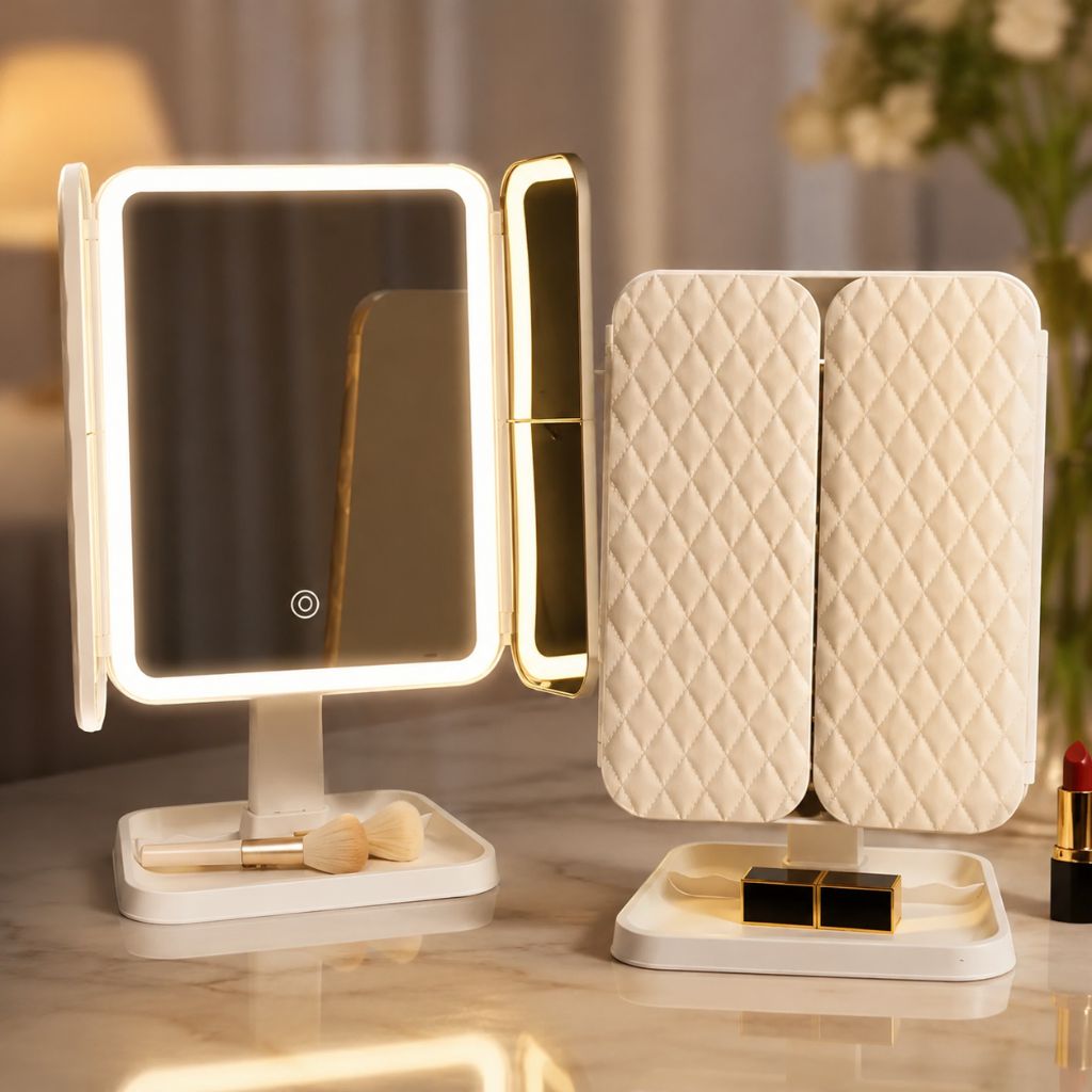 LED Vanity Mirror 4-Panel Fold-Out with 1X 2X 3X 10X Zoom Touch Control Rechargeable for Makeup Application