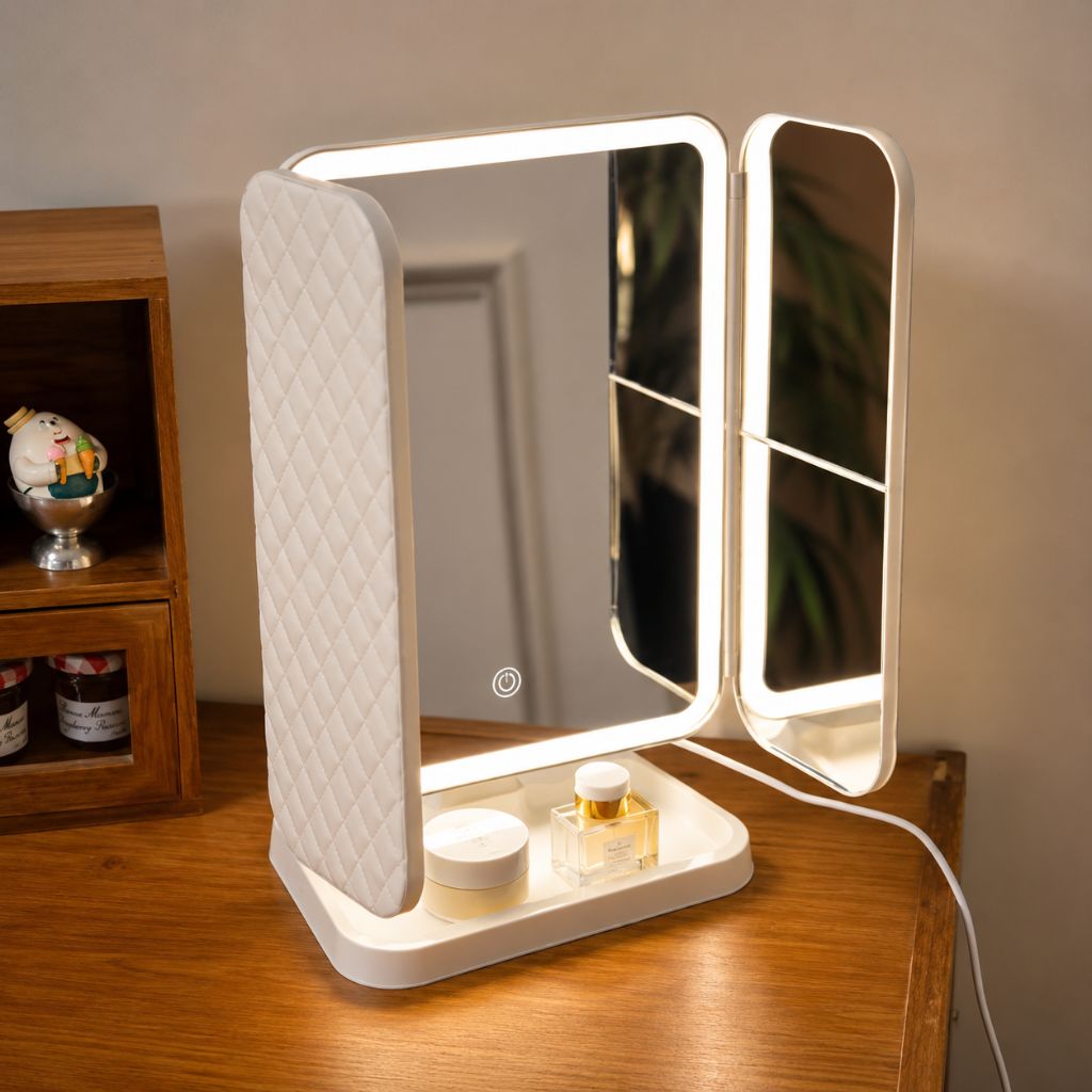 LED Vanity Mirror 4-Panel Fold-Out with 1X 2X 3X 10X Zoom Touch Control Rechargeable for Makeup Application