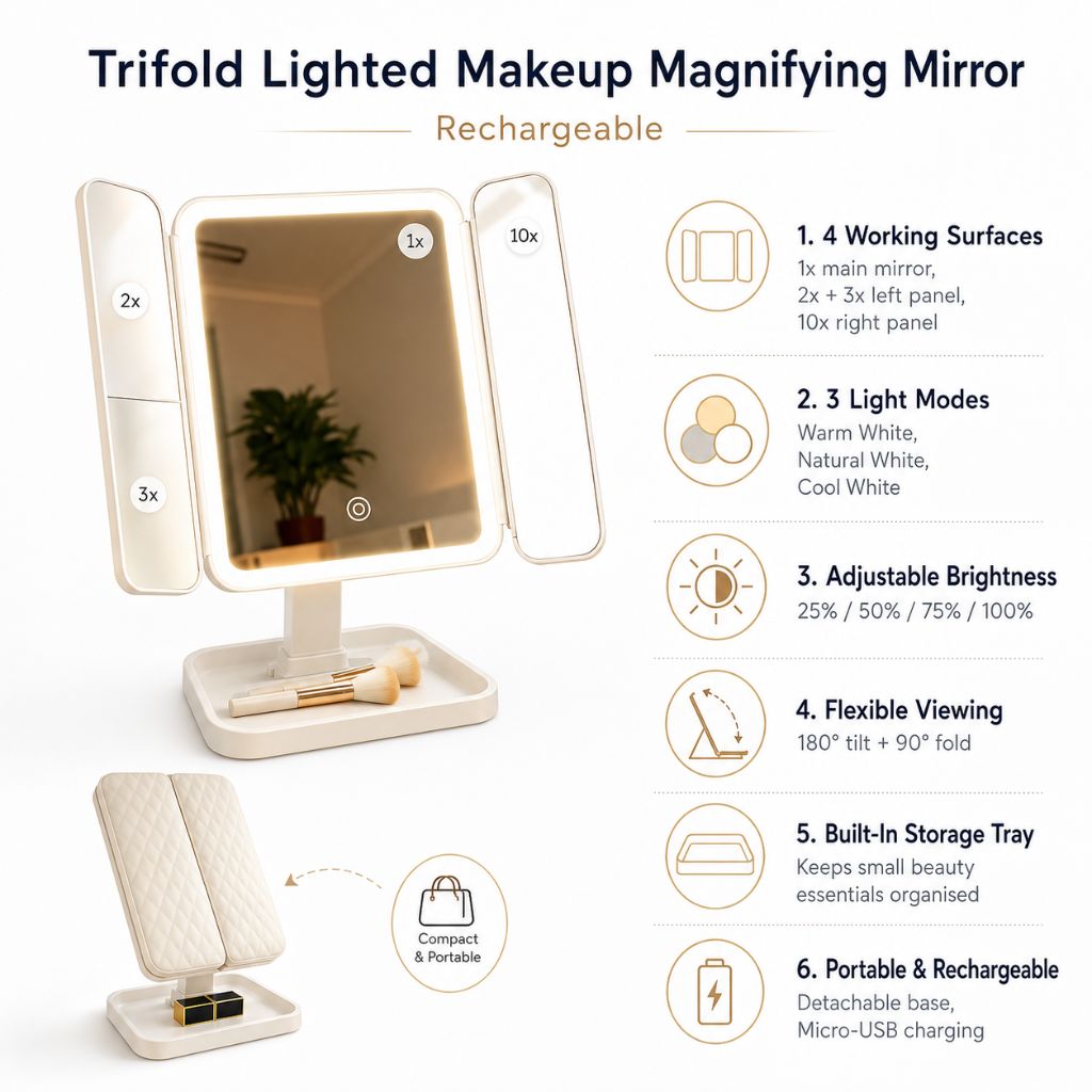 LED Vanity Mirror 4-Panel Fold-Out with 1X 2X 3X 10X Zoom Touch Control Rechargeable for Makeup Application