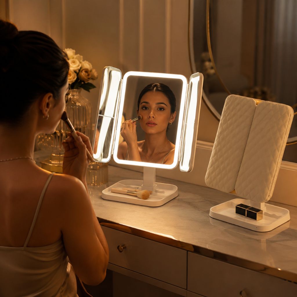 LED Vanity Mirror 4-Panel Fold-Out with 1X 2X 3X 10X Zoom Touch Control Rechargeable for Makeup Application