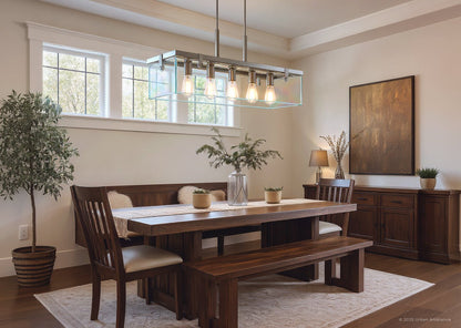 Linear Overhead Island Fixture Steel Frame Beveled Glass 37-Inch 5-Light Adjustable Chain Brushed Nickel for Kitchen & Dining