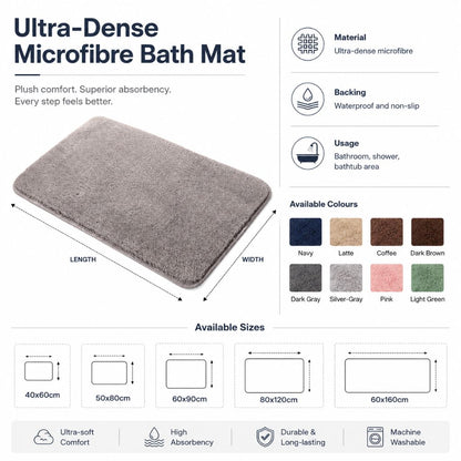 Plush Microfiber Bathroom Mat Non-Slip Fast-Dry Water Absorbent Rug for Shower Tub Kids Pets 8 Colors 5 Sizes Machine Washable