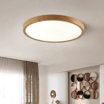 Round Wood-Grain LED Flush Mount Ceiling Light – Low-Profile Modern Fixture with 3-Way Dimming for Living Room, Bedroom & Hallway