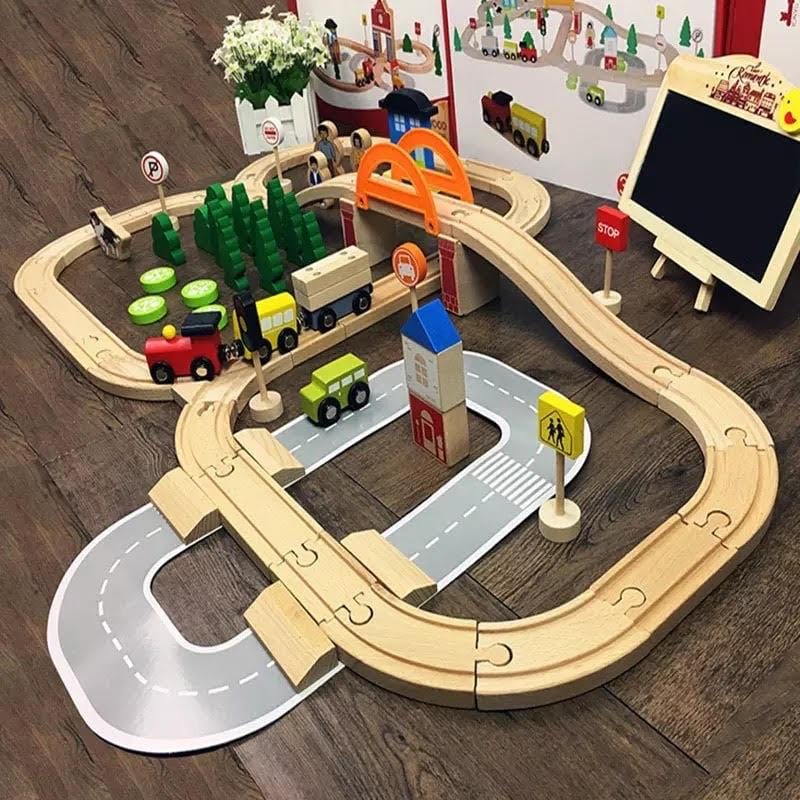 78-Piece Wooden Train Set with Tracks & Town Accessories for Kids | Storage Box Included | Pretend Play Railway Kit for Toddlers Ages 3+