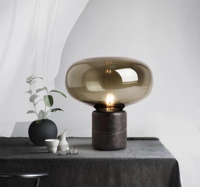 Stone & Glass Table Lamp with Hand-Blown Tinted Shade for Bedroom Nightstand & Living Room Accent Lighting | Modern Elegant Desk Lamp