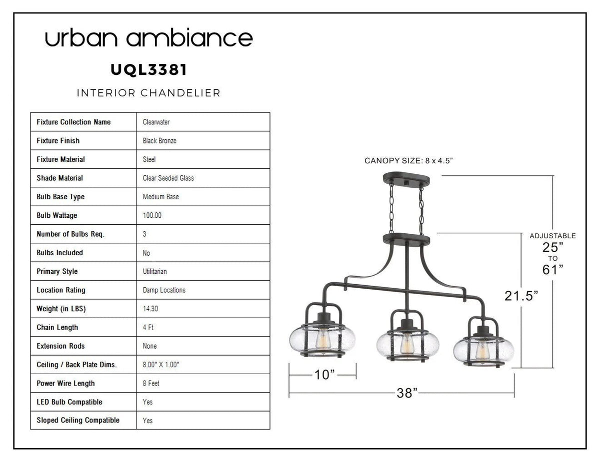 Three-Light Ceiling Fixture Steel & Textured Glass 38 in Wide Adjustable Height Bronze Finish Dining Room Hanging Light for Kitchen Island L
